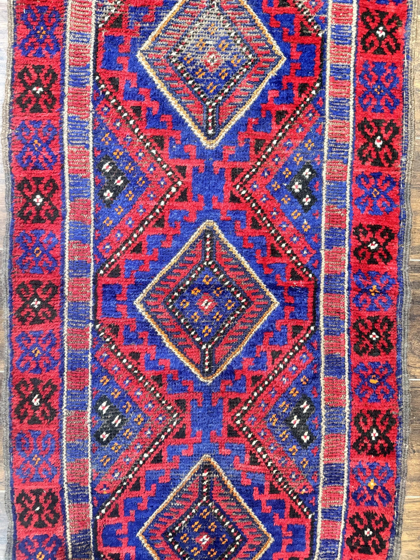 Turkoman Runner Rug 2 x 8.6, Skinny Runner, Handmade Wool Carpet for Hallway, Red and Blue, Wool, Vintage 8ft Runner - Nuvé