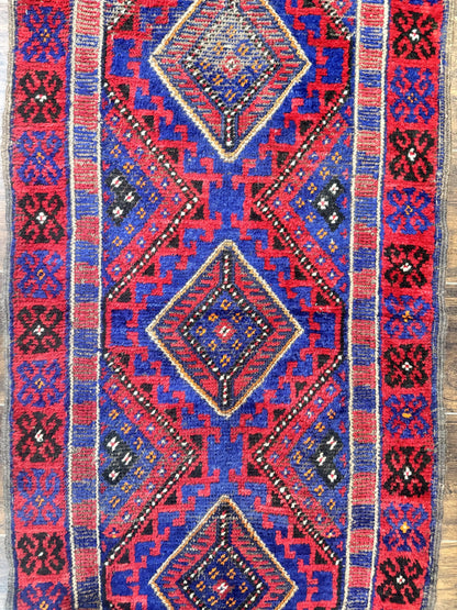Turkoman Runner Rug 2 x 8.6, Skinny Runner, Handmade Wool Carpet for Hallway, Red and Blue, Wool, Vintage 8ft Runner - Nuvé