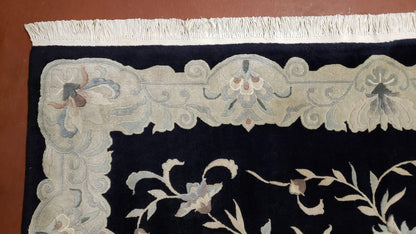 6x9 Vintage Black Gray Chinese Rug 120 Lines Wool Carpet Floral Design Hand-Knotted Soft Pile Entryway Rug Foyer Rug Nice