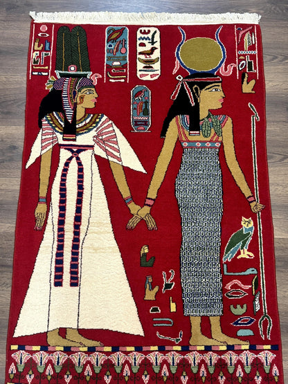Egyptian Pictorial Rug 3x4, Hieroglyphic Pictorial Rug, Egyptian Prince and Princess, Cleopatra, Vintage Handmade, Red - Nuvé