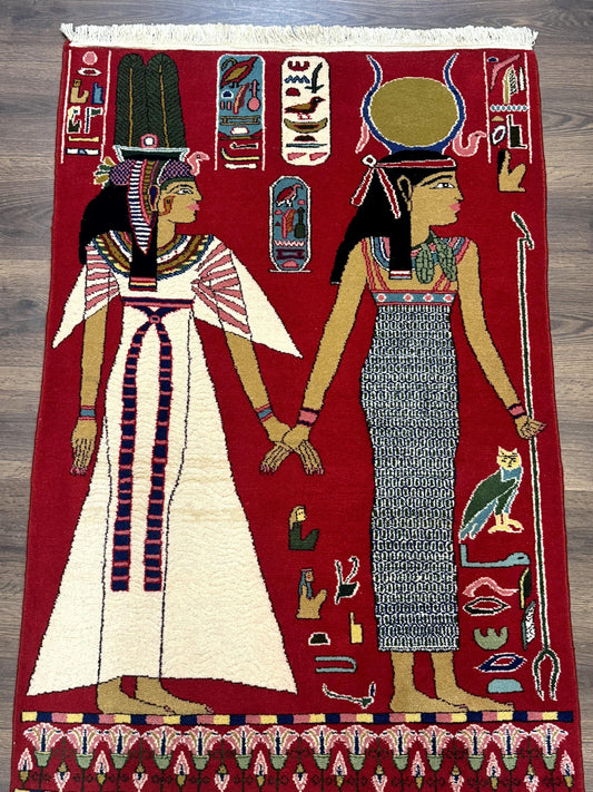 Egyptian Pictorial Rug 3x4, Hieroglyphic Pictorial Rug, Egyptian Prince and Princess, Cleopatra, Vintage Handmade, Red - Nuvé