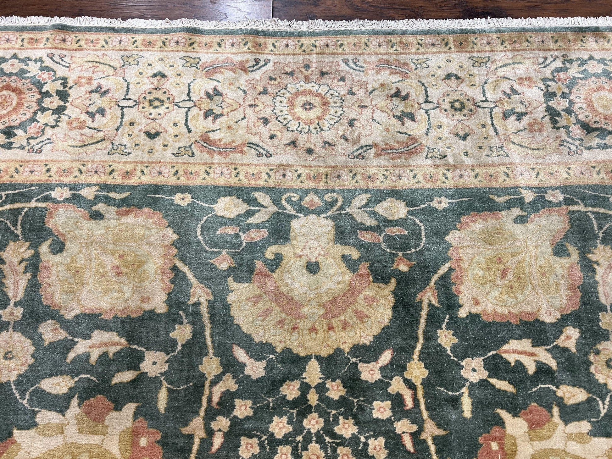 Egyptian Mahal Rug 10x14, Large Vintage Floral Hand Knotted Wool Carpet 10 x 14, Dark Green and Beige Traditional Handmade Persian Area Rug - Nuvé
