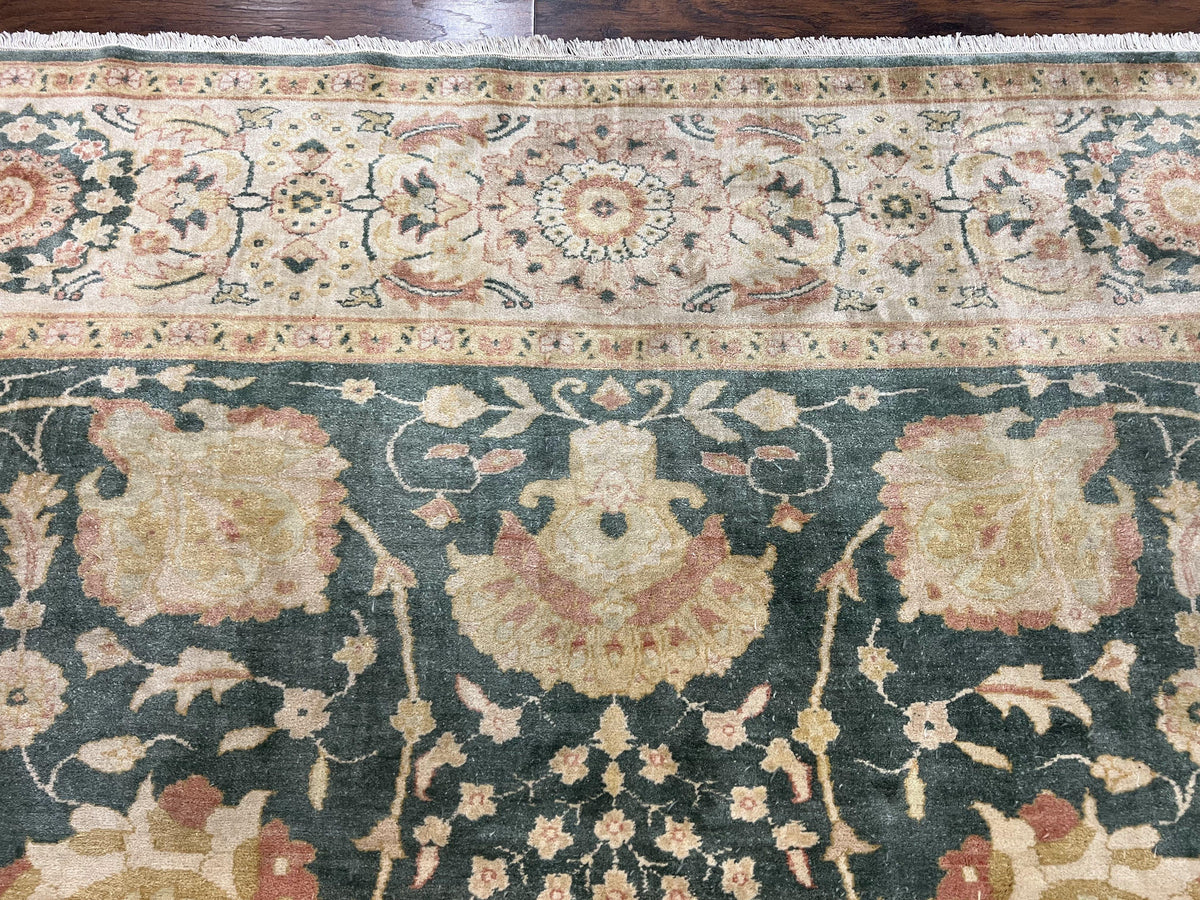 Egyptian Mahal Rug 10x14, Large Vintage Floral Hand Knotted Wool Carpet 10 x 14, Dark Green and Beige Traditional Handmade Persian Area Rug