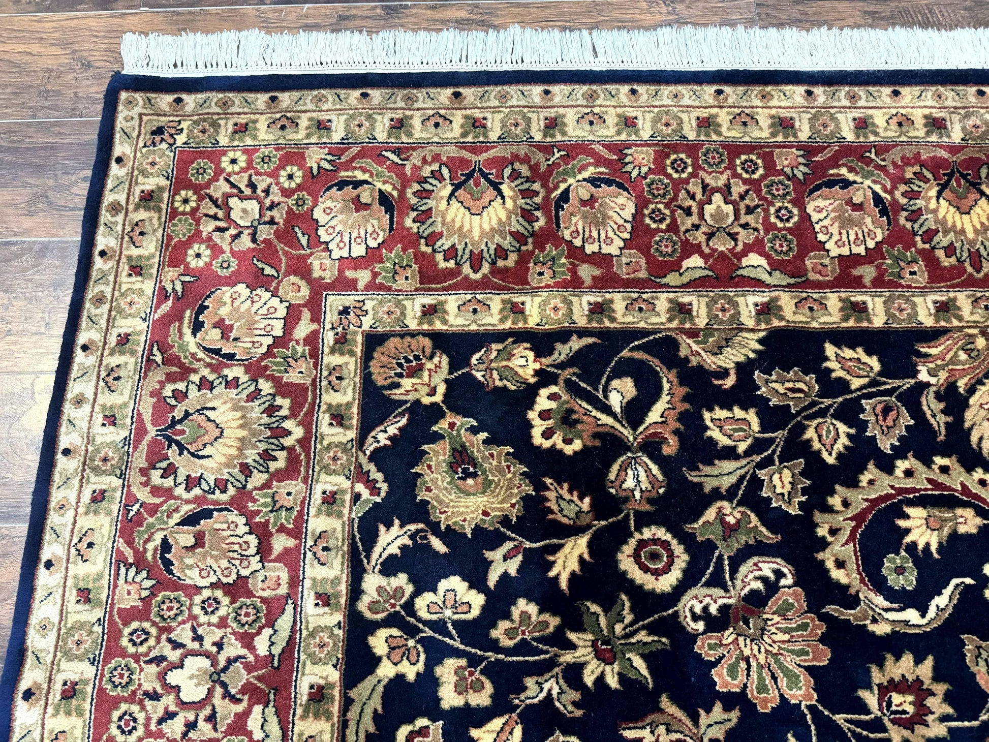 Indo Persian Rug 8x10, Navy Blue and Red, Floral Allover, Hand Knotted Vintage Wool Carpet, Indo Sarouk - Nuvé
