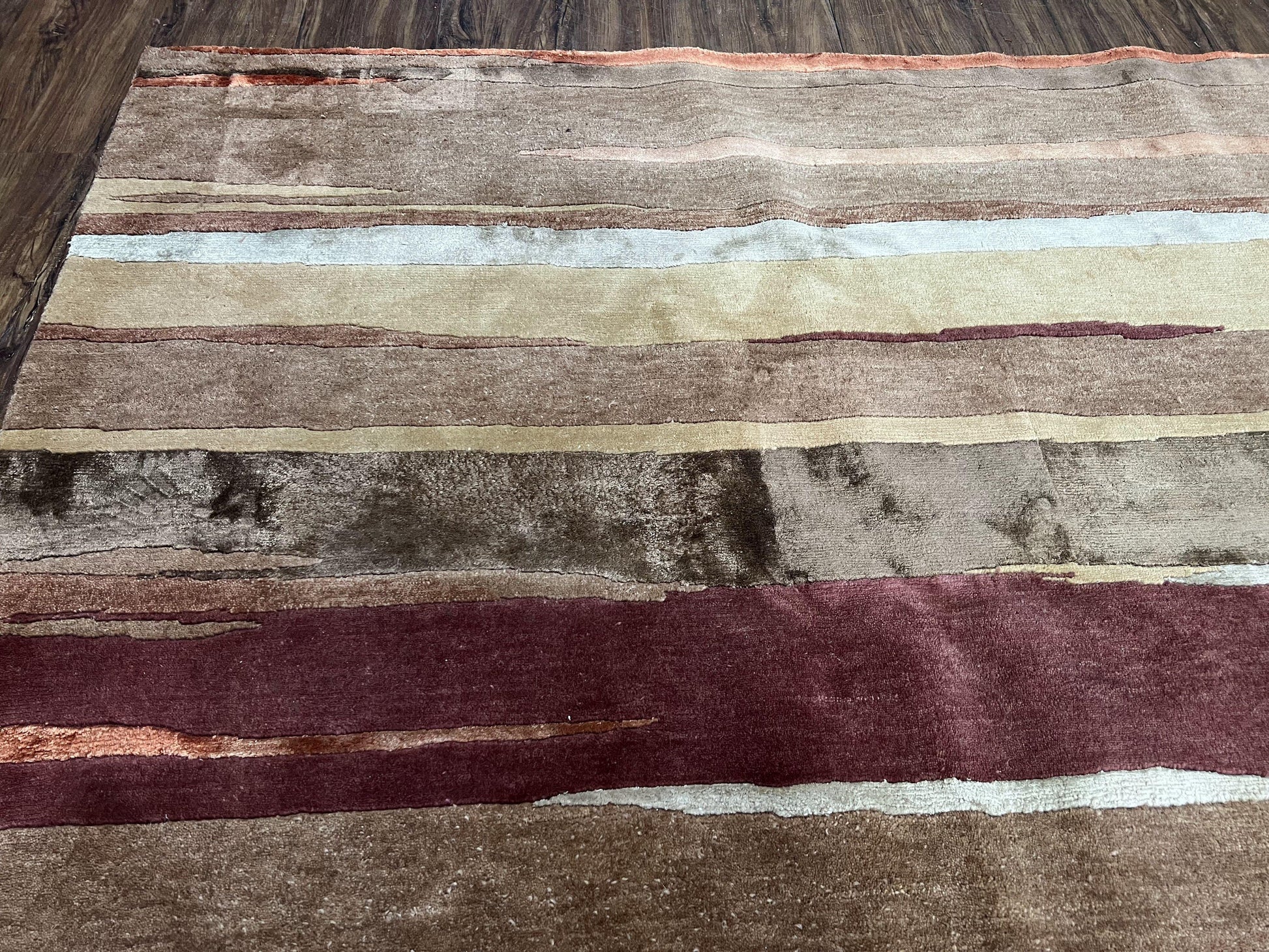 Modern Tibetan Rug 8x11 Nepali Carpet, Shiny Velvely Soft Wool and Silk, Contemporary Hand Knotted Rug, Striped Design, Wool Area Rug 8 x 11 - Nuvé