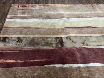 Modern Tibetan Rug 8x11 Nepali Carpet, Shiny Velvely Soft Wool and Silk, Contemporary Hand Knotted Rug, Striped Design, Wool Area Rug 8 x 11 - Nuvé