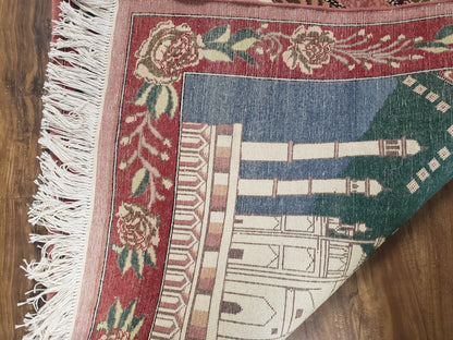 Vintage Small Pictorial Lovers Rug 2.5 x 4, Taj Mahal Indo Persian Rug, Wool Hand-Knotted Indian Rug, King & Queen, Layla and Majnun