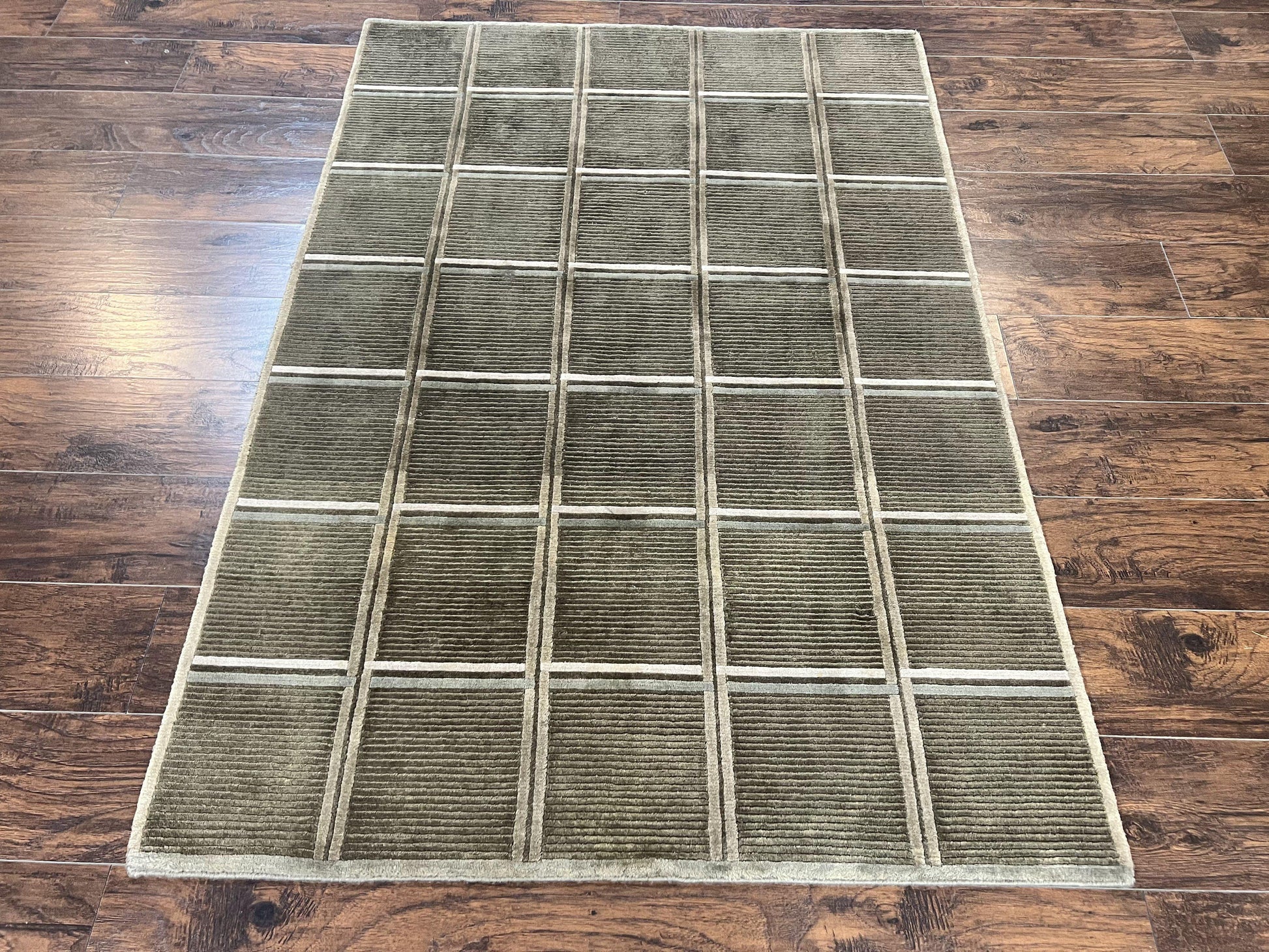 Tibetan Rug 4x6, Green Wool Handmade Area Rug 4 x 6, Panel Design, Modern Contemporary - Nuvé