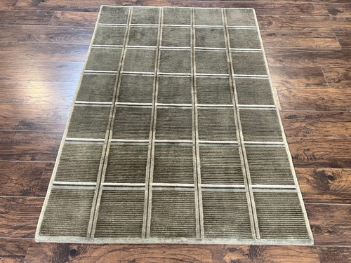 Tibetan Rug 4x6, Green Wool Handmade Area Rug 4 x 6, Panel Design, Modern Contemporary - Nuvé