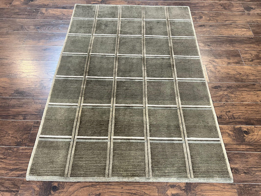 Tibetan Rug 4x6, Green Wool Handmade Area Rug 4 x 6, Panel Design, Modern Contemporary - Nuvé