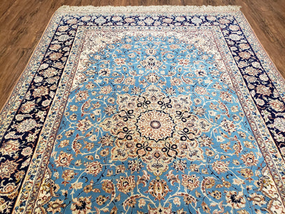Persian Isfahan Rug, Kork Wool on Silk Foundation, Sky Blue, Hand-Knotted, 5' 1" x 7' 8" - Nuvé