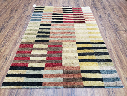 Modern Tibetan Rug 4' x 5' 9", Medium Sized Abstract Handmade Carpet, Hand-Knotted Soft Pile Wool Rug, Multicolor Contemporary Rug, Colorful - Nuvé