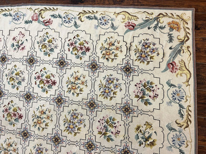 Needlepoint Rug 10x14, Wool Handmade Vintage Needlepoint Carpet, Floral Panel Design, Ivory/Cream - Nuvé