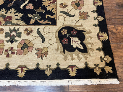 Handmade Indo Persian wool rug, 10x14 floral oriental carpet in black and beige with intricate design, from Jewel Rugs.