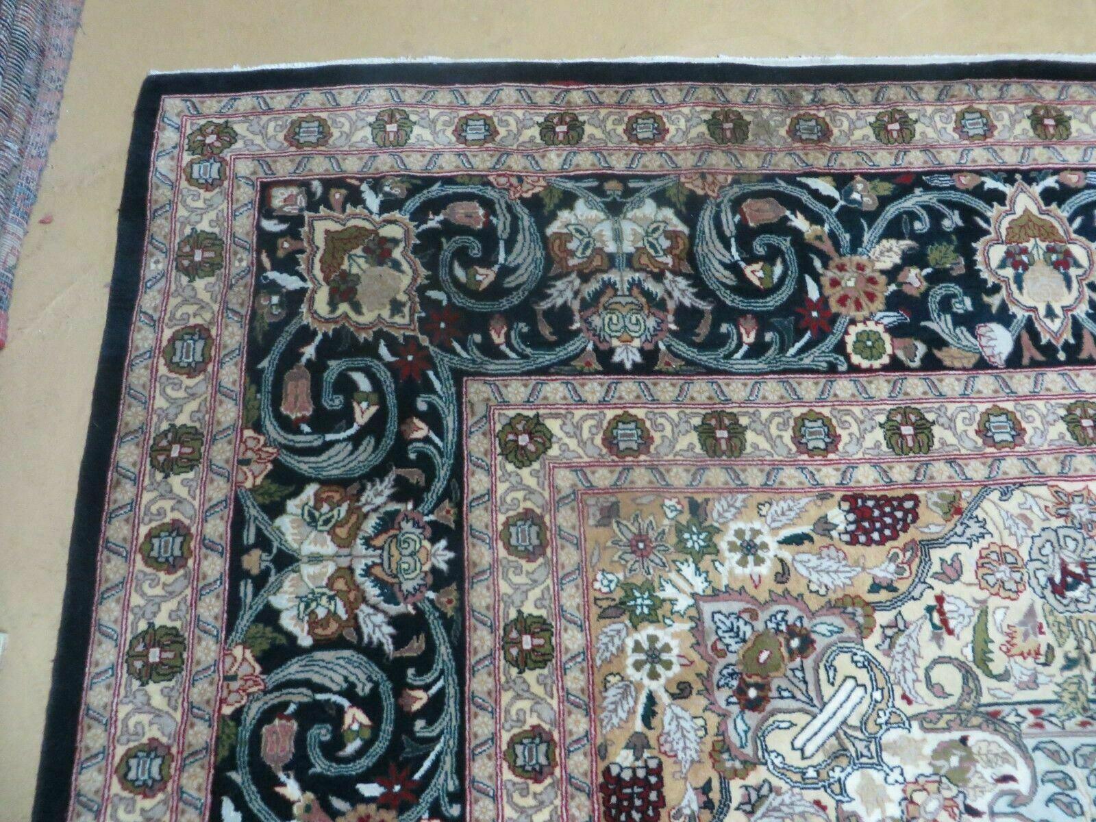 Beautiful Sino Persian Rug 9x12, Elegant High Quality Handmade Wool Oriental Carpet, Medallion with Corner Design, Floral, Black and Ivory - Nuvé