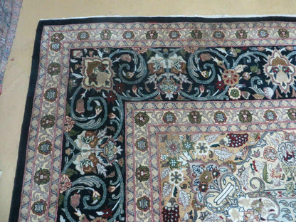 Beautiful Sino Persian Rug 9x12, Elegant High Quality Handmade Wool Oriental Carpet, Medallion with Corner Design, Floral, Black and Ivory - Nuvé