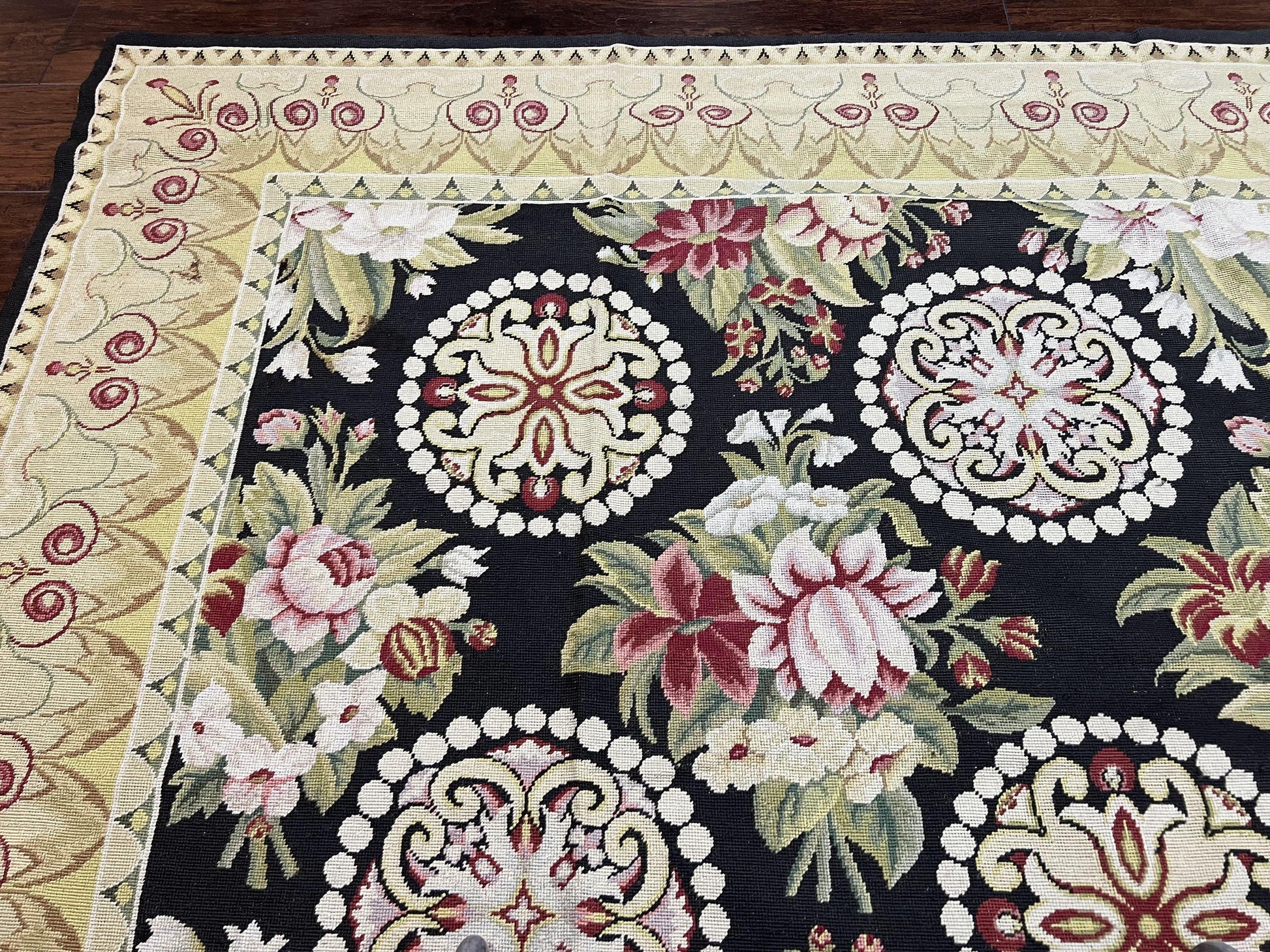 9x12 Black Needlepoint Rug, European Floral Panel Design, Handwoven, Vintage Chinese Needlepoint, Black Green Beige, Wool Rug 9 x 12 - Nuvé
