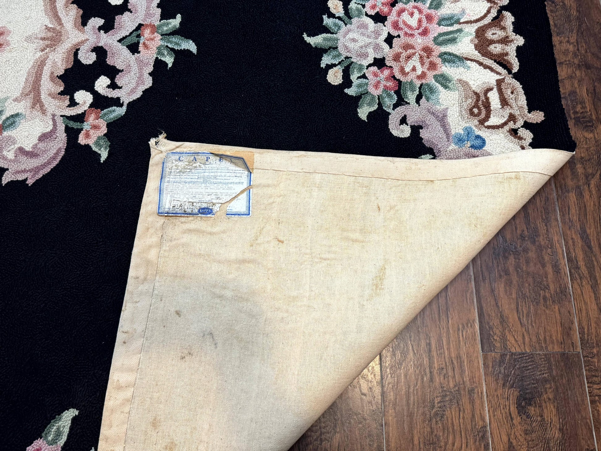 Aubusson Rug 8x11, Black and Ivory, Hooked Rug, Vintage, Wool - Nuvé