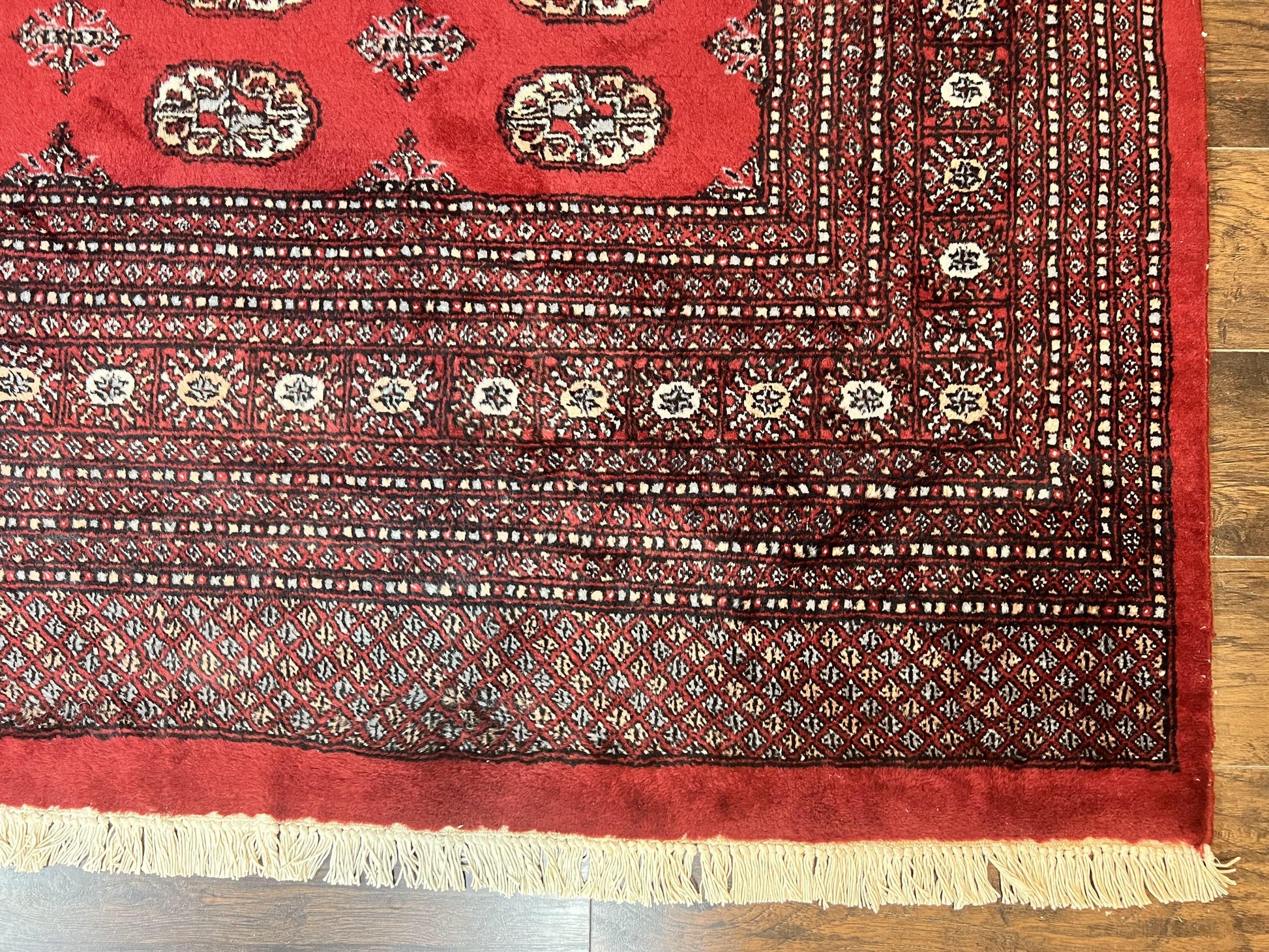 Turkoman Rug 8 x 11.6, Red Bokhara Pakistani Carpet, Wool Handmade Vintage Rug - Nuvé