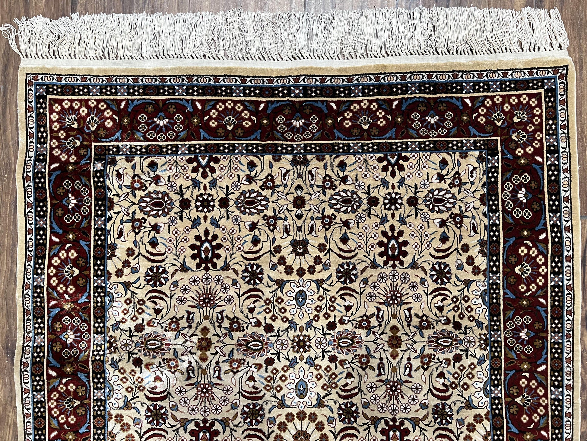 Fine Sino-Persian Silk Rug 3x5, High Quality Silk Carpet, Handmade Small Silk Rug, Allover Repeated Motif, Tan Maroon Blue Vintage Silk Rug - Nuvé