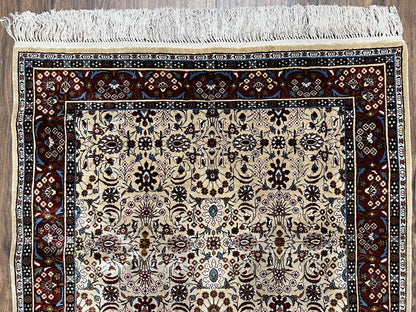 Fine Sino-Persian Silk Rug 3x5, High Quality Silk Carpet, Handmade Small Silk Rug, Allover Repeated Motif, Tan Maroon Blue Vintage Silk Rug - Nuvé