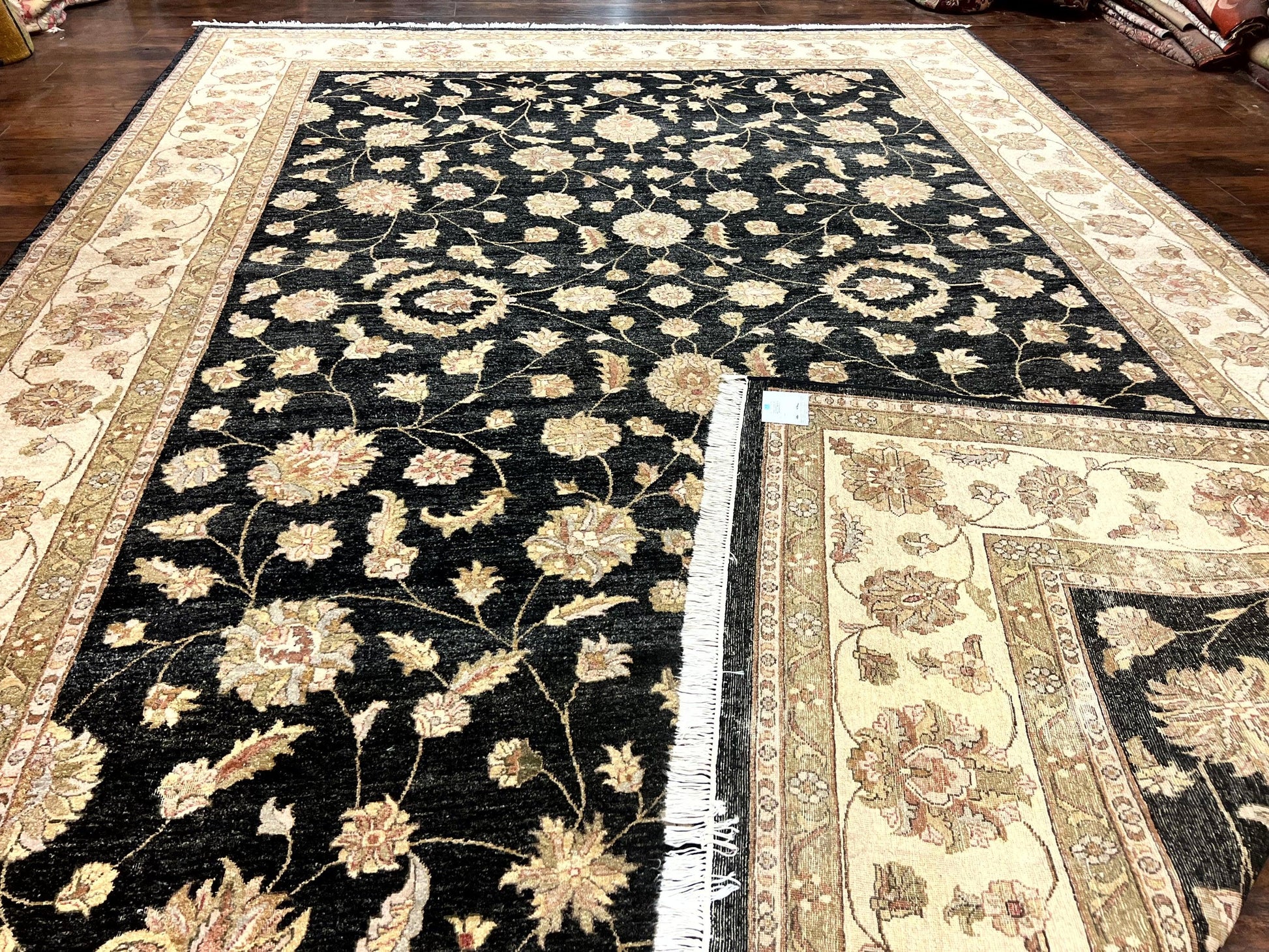 Indo Persian Rug 10x14, Charcoal and Beige, Floral Allover, Handmade Vintage Wool Carpet - Nuvé