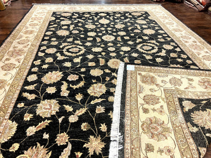 Indo Persian Rug 10x14, Charcoal and Beige, Floral Allover, Handmade Vintage Wool Carpet - Nuvé
