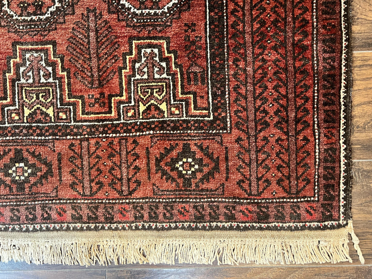 Antique Persian Turkoman Rug 3x6, Wool Tribal Handmade Carpet, Red and Black