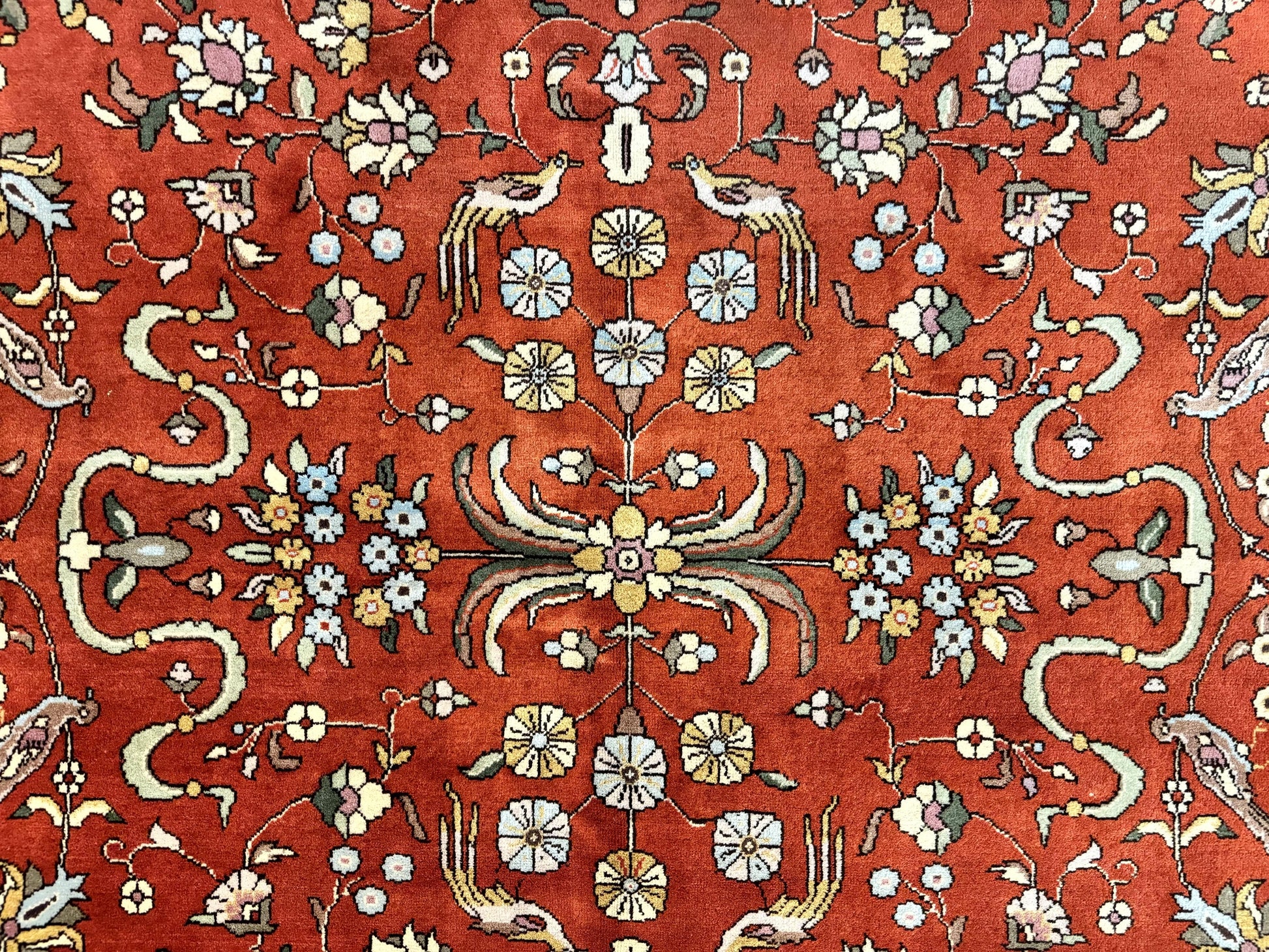 Romanian Rug 10x13, Vintage Handmade Wool Carpet, Floral Pattern, Birds, Red and Cream, Signed By Masterweaver, Persian Rug - Nuvé