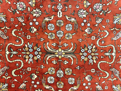 Romanian Rug 10x13, Vintage Handmade Wool Carpet, Floral Pattern, Birds, Red and Cream, Signed By Masterweaver, Persian Rug - Nuvé