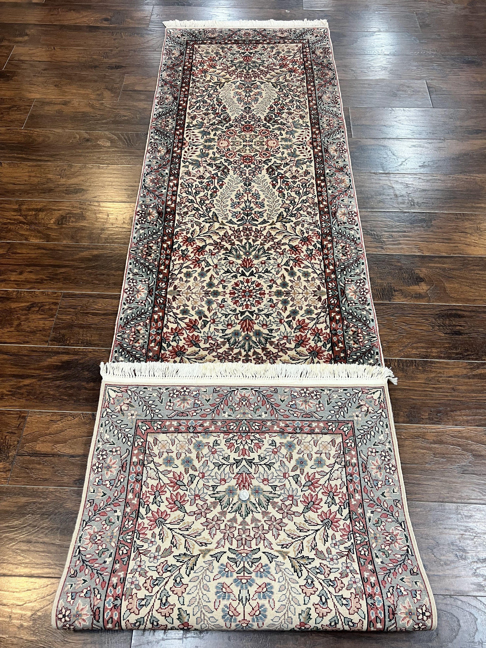 Sino Persian Runner Rug 2.7 x 10, Floral Kirman Lavar Carpet for Hallway, Cream, Handmade Wool Vintage Rug - Nuvé