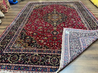 Traditional Persian Rug 8x11, Red Navy Blue, Floral Medallion, Antique Persian Mashad Carpet, Wool - Nuvé