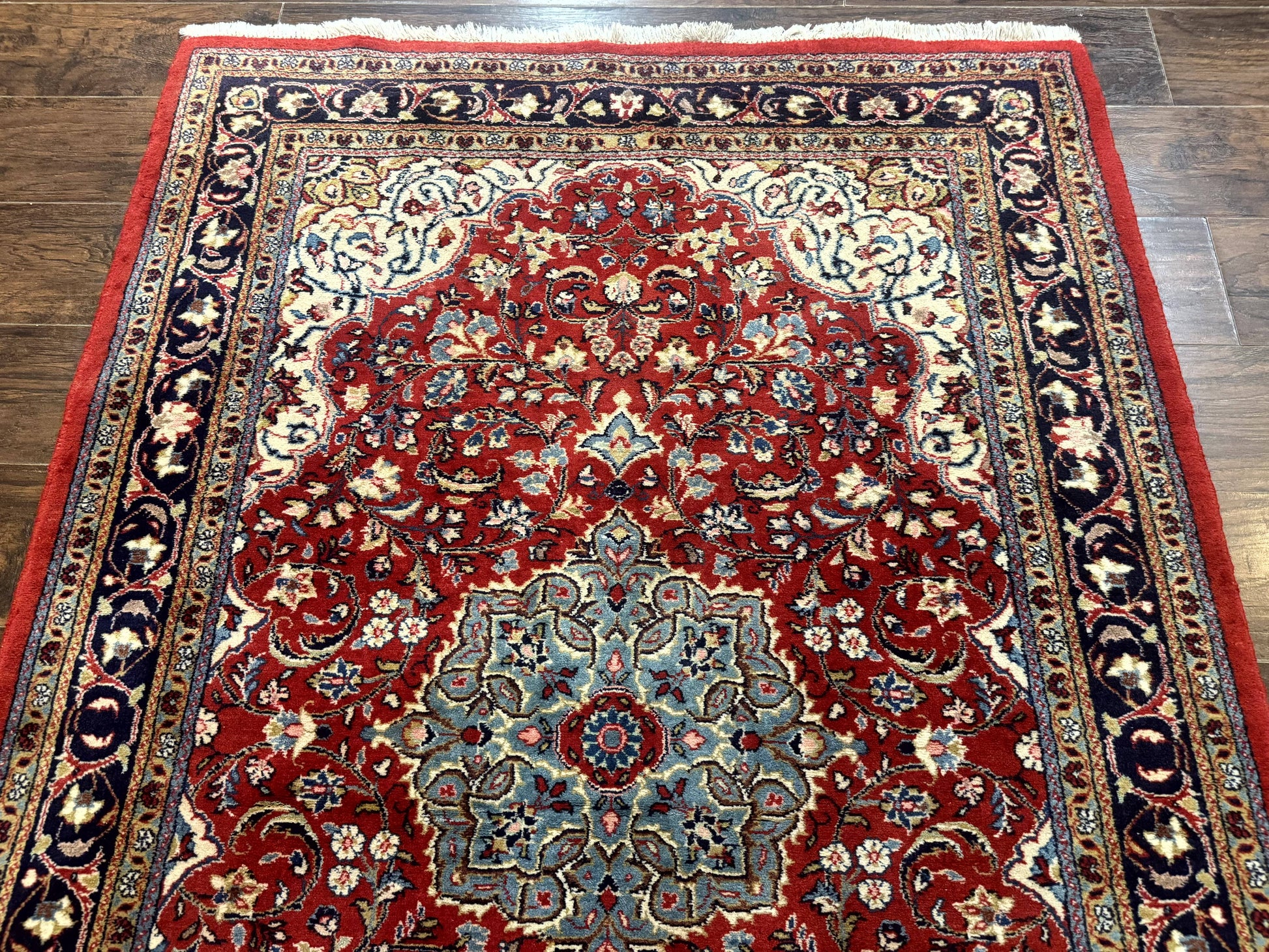 Persian Sarouk Rug 4x7, Red Navy Blue Vintage Wool Medallion Carpet - Nuvé