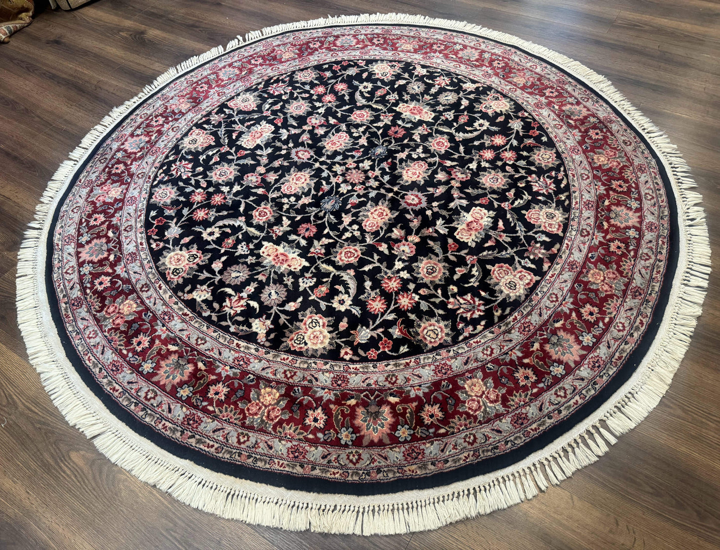 Round Sino Persian Rug 6x6, Floral, Navy Blue and Red, Wool and Silk Highlights - Nuvé