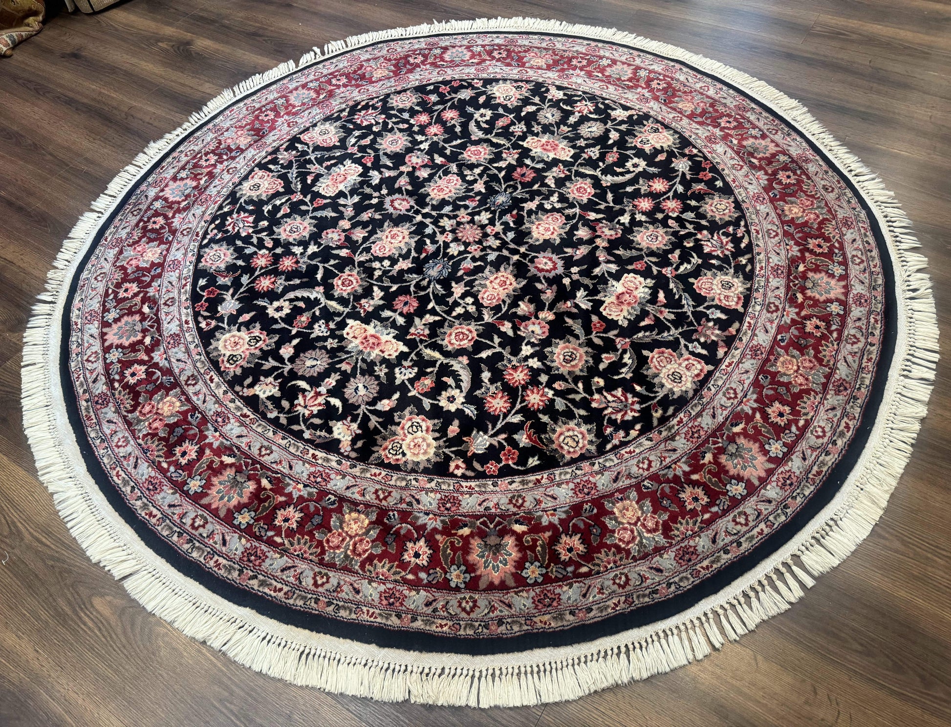 Round Sino Persian Rug 6x6, Floral, Navy Blue and Red, Wool and Silk Highlights - Nuvé