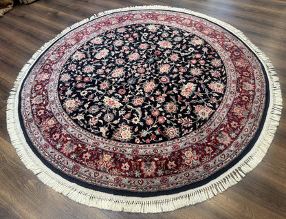 Round Sino Persian Rug 6x6, Floral, Navy Blue and Red, Wool and Silk Highlights - Nuvé