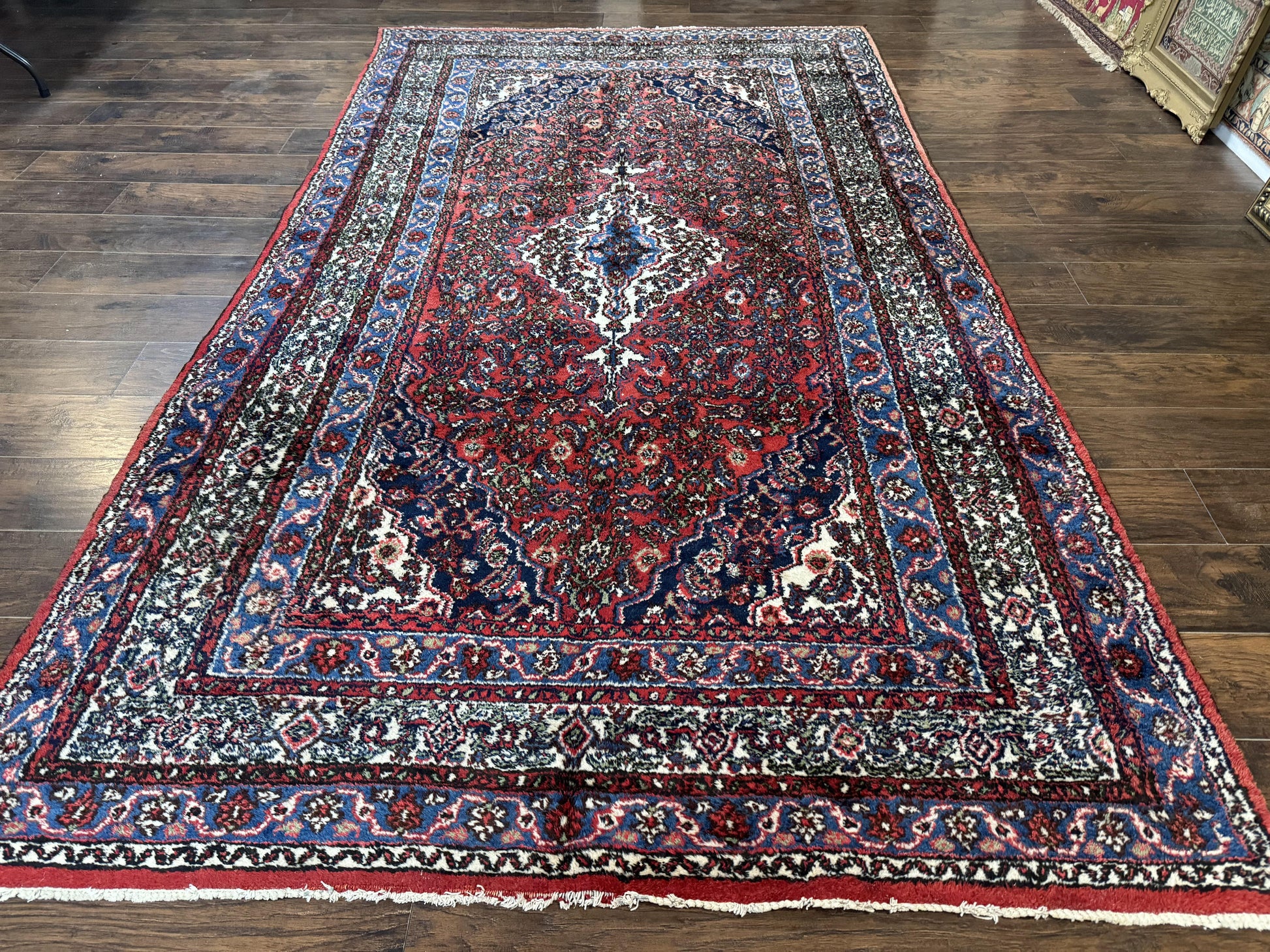 Persian Tribal Rug 6x11, Red Blue Ivory, Antique Persian Carpet, Hamadan Dargazin Carpet - Nuvé