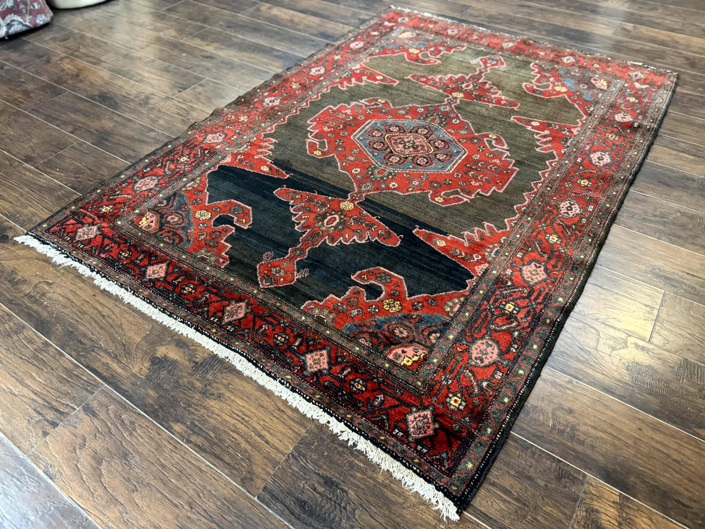 Antique Persian Tribal Rug 5x7, Geometric Wool Carpet, Kurdish Senneh Rug - Nuvé