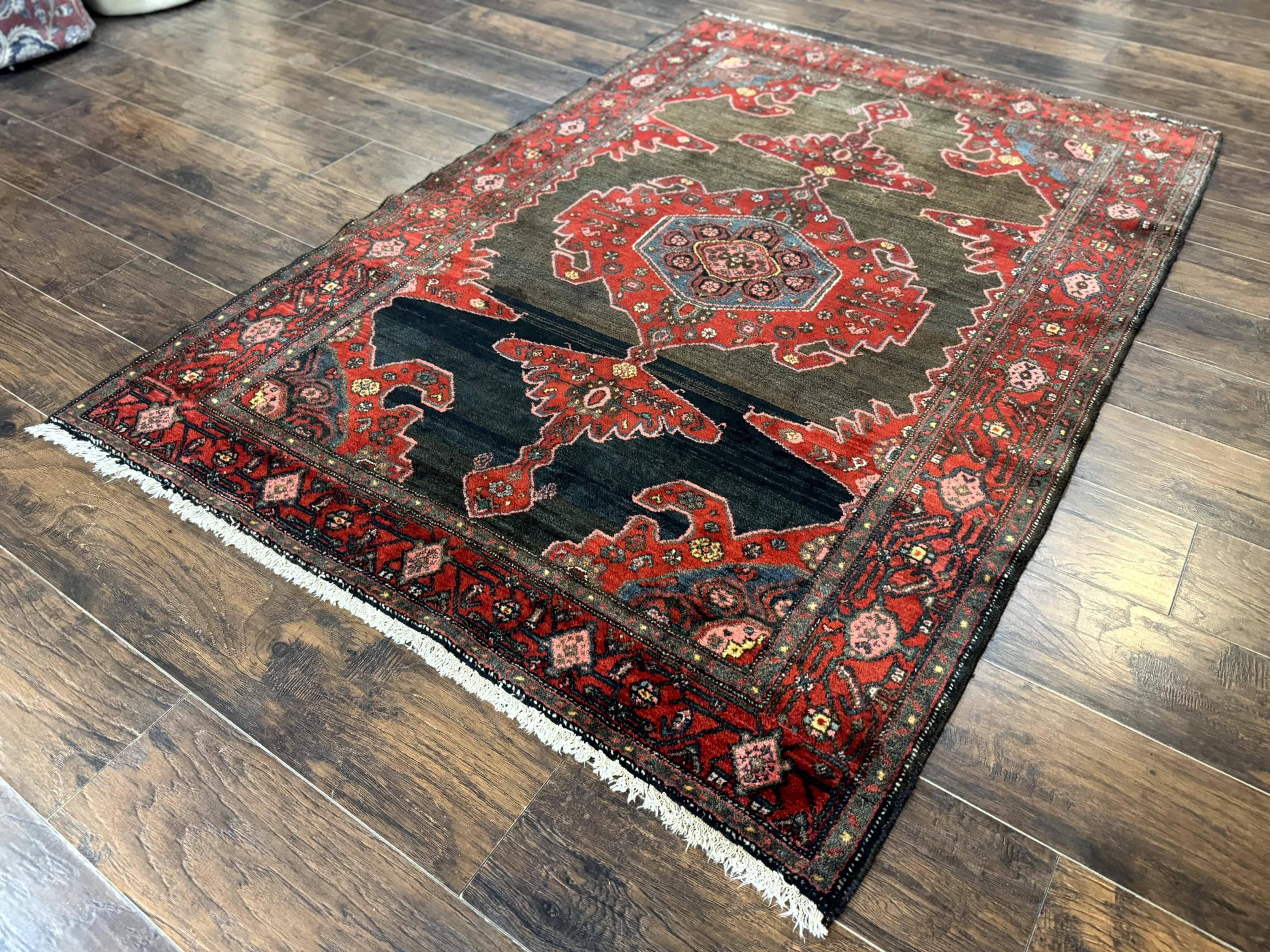 Antique Persian Tribal Rug 5x7, Geometric Wool Carpet, Kurdish Senneh Rug - Nuvé