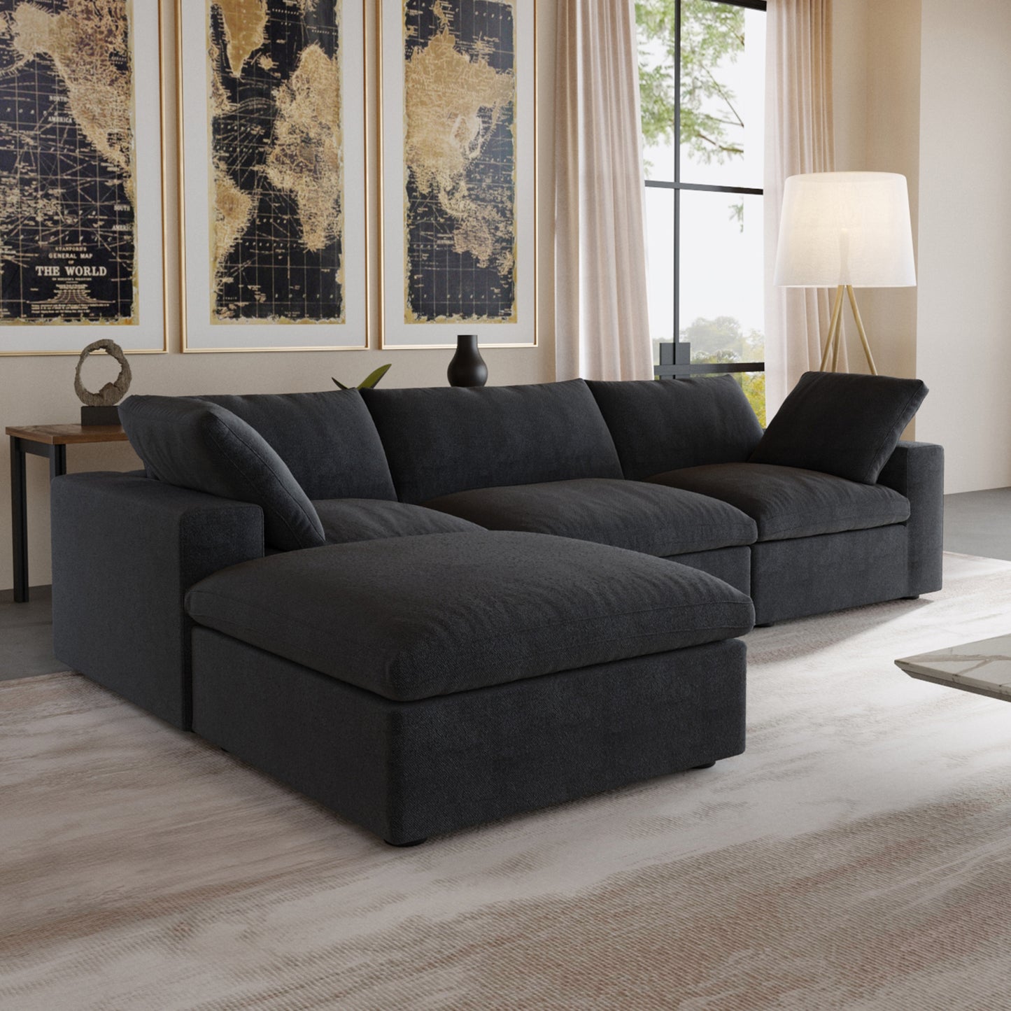 Nuvé® Solace Modular Bouclé Cloud Sofa - Obsidian Black - 3-Seater Sectional Sofa with Ottoman - Nuvé