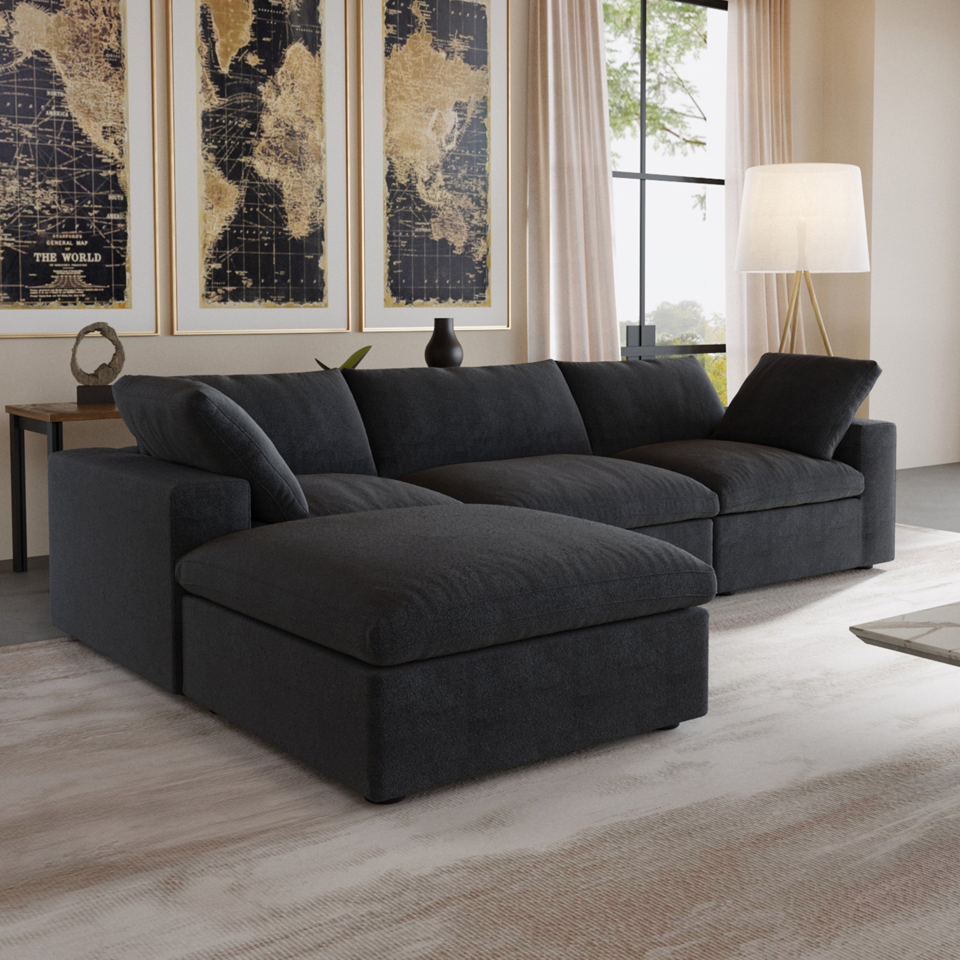 Nuvé® Solace Modular Bouclé Cloud Sofa - Obsidian Black - 3-Seater Sectional Sofa with Ottoman - Nuvé