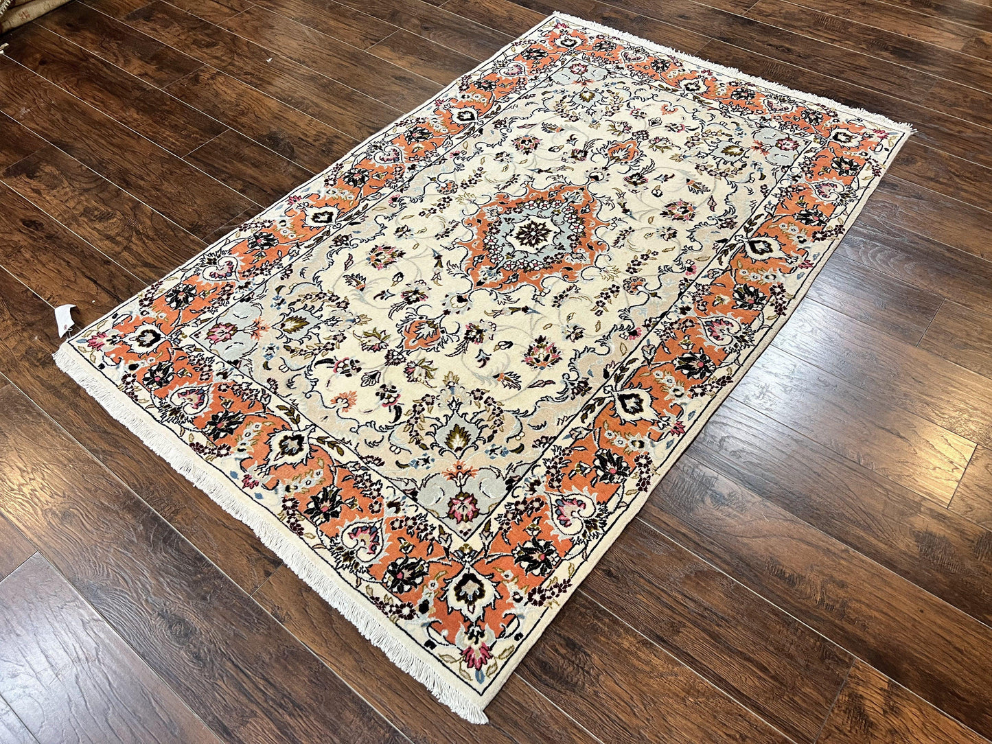 Persian Tabriz Rug 4.5  x 6.8, Finely Hand Knotted Wool with Silk Highlights Vintage Oriental Carpet, Cream and Salmon, High KPSI, Floral Medallion - Nuvé