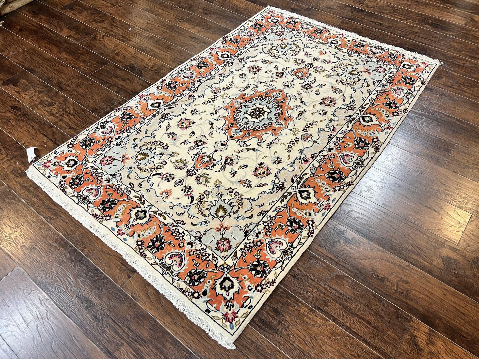 Persian Tabriz Rug 4.5  x 6.8, Finely Hand Knotted Wool with Silk Highlights Vintage Oriental Carpet, Cream and Salmon, High KPSI, Floral Medallion - Nuvé