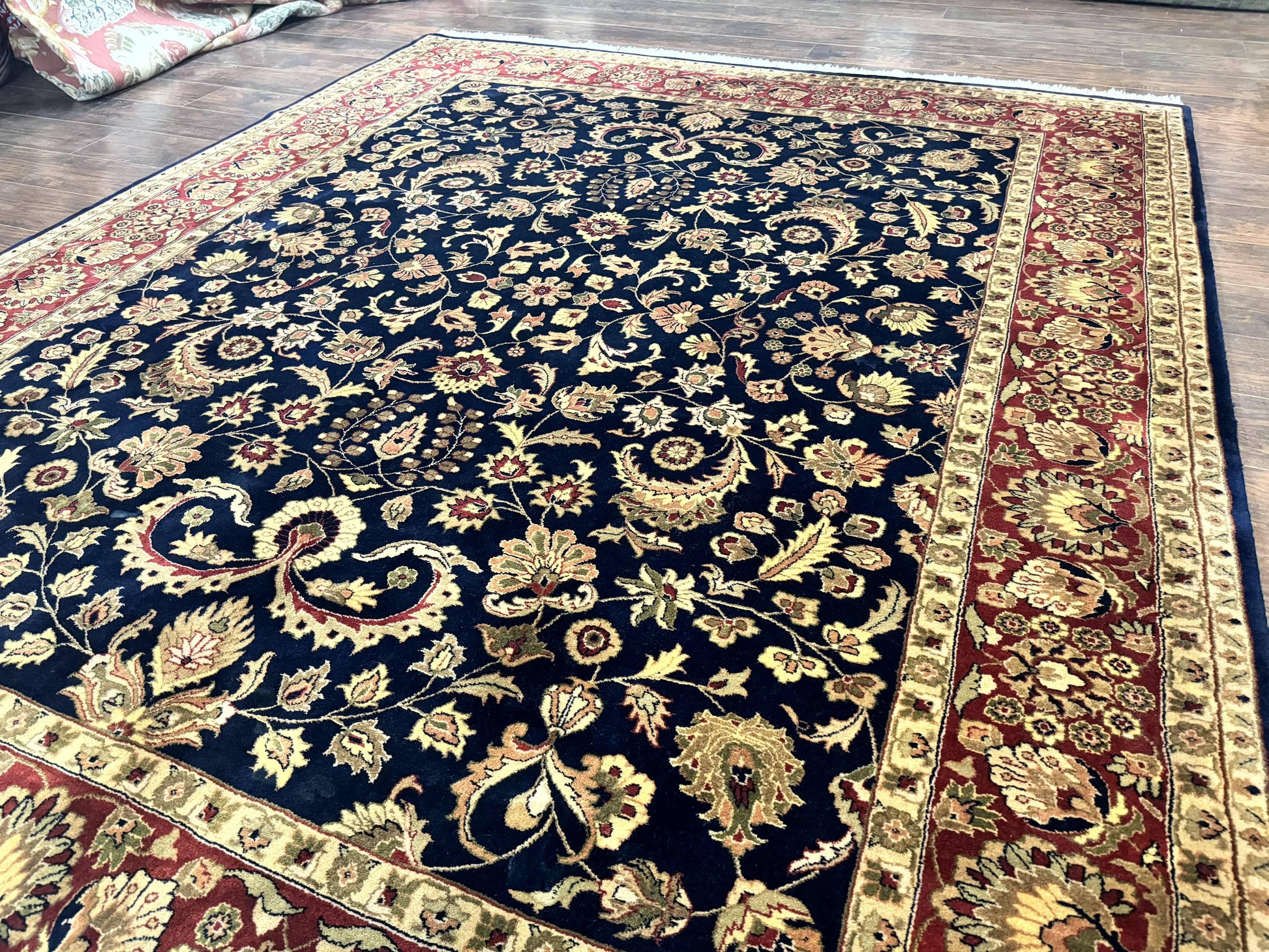 Indo Persian Rug 8x10, Navy Blue and Red, Floral Allover, Hand Knotted Vintage Wool Carpet, Indo Sarouk - Nuvé
