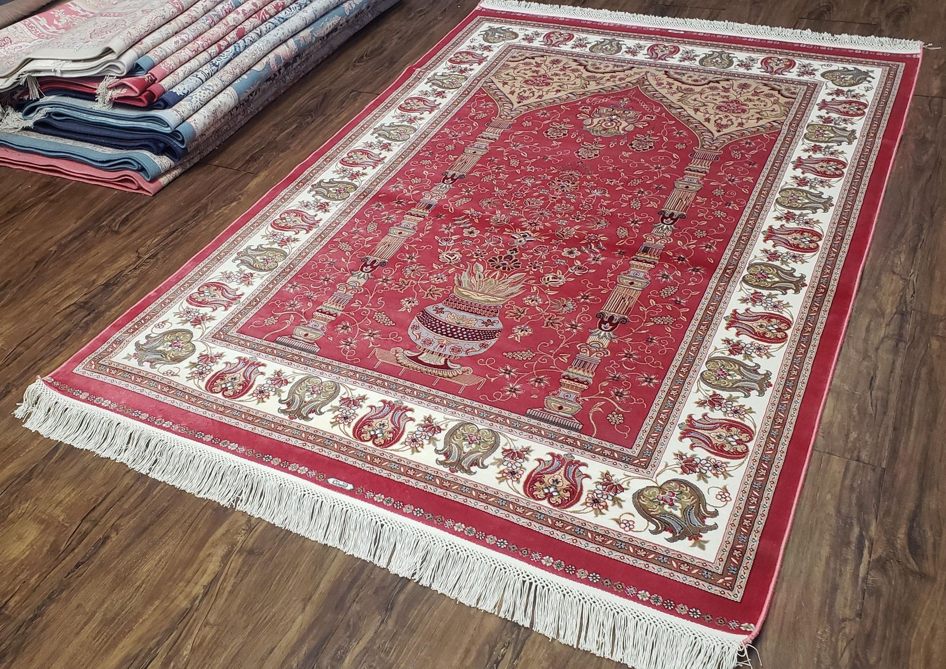 4 x 6 Silk Carpet Red, Traditional Oriental Rug 4x6, Flower Vase Columns, Turkish Rug New, High Quality, Bamboo Silk, Area Rug - Nuvé