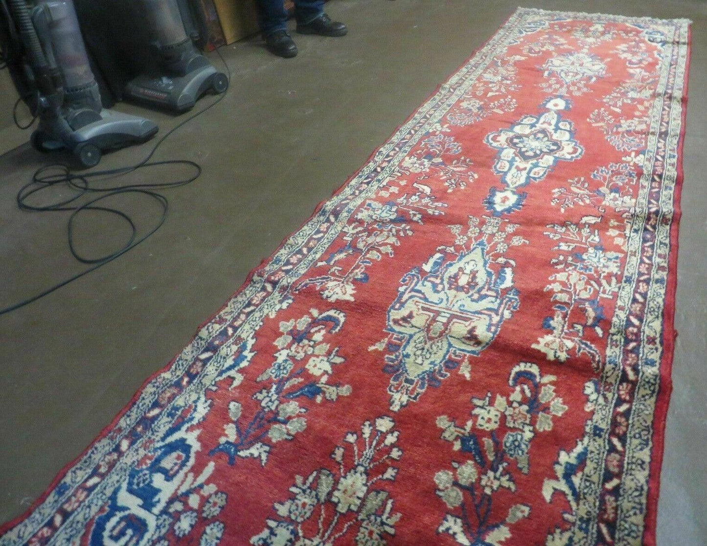 Persian Runner Rug 3 x 12, Antique Wool Oriental Runner, Floral Vases, Red & Navy Blue - Nuvé