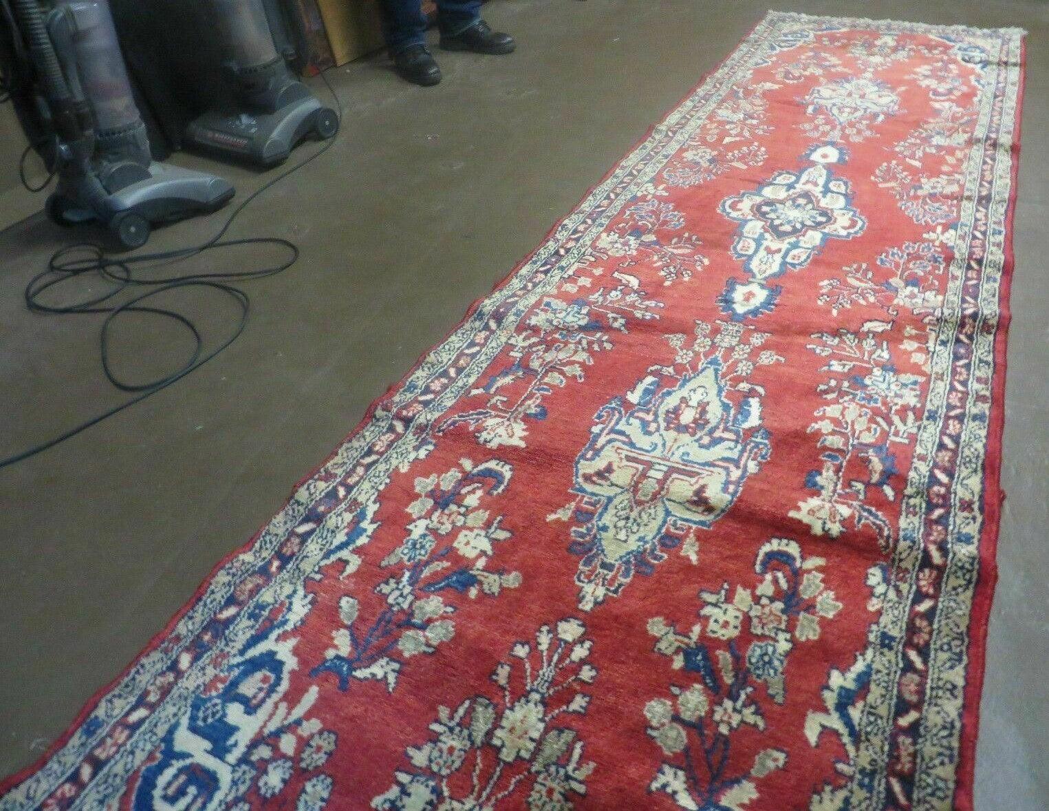 Persian Runner Rug 3 x 12, Antique Wool Oriental Runner, Floral Vases, Red & Navy Blue - Nuvé