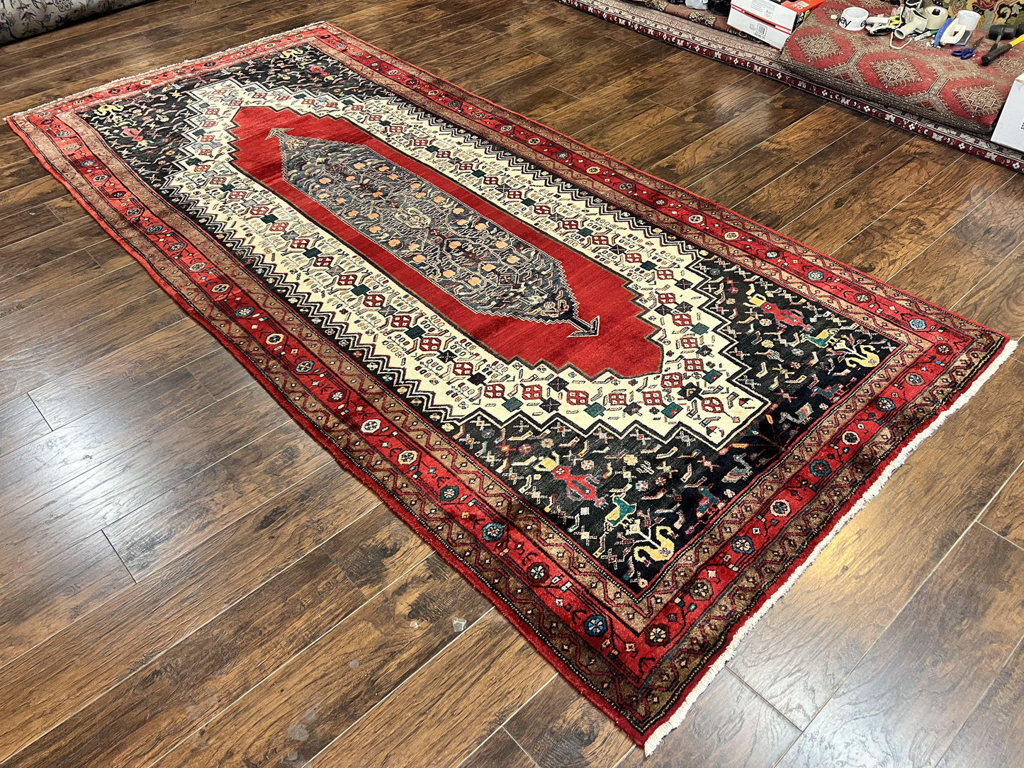 Persian Rug 5x12 ft, Red Cream Navy Blue, Pictorials, Hand Knotted Handmade Wide Runner Tribal Bidjar Semi Antique Wool Geometric Oriental Rug - Nuvé