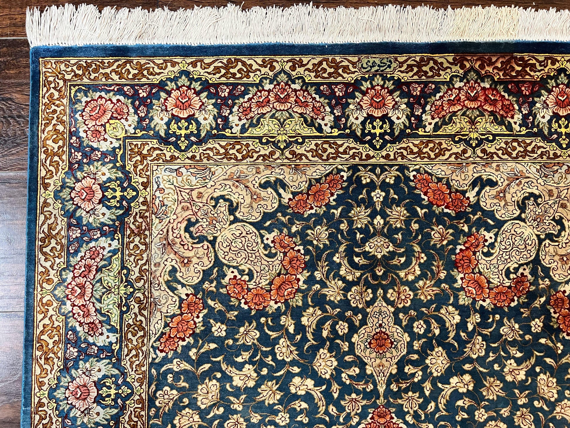Magnificent Persian Qum Silk Rug 3x5, Blue, Super Fine 675 KPSI - 70 Raj, Floral Roses, Handmade Vintage Silk Carpet, Masterpiece - Nuvé