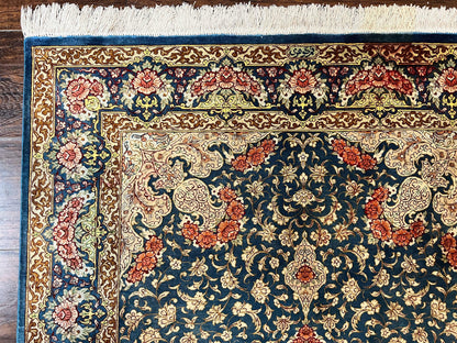 Magnificent Persian Qum Silk Rug 3x5, Blue, Super Fine 675 KPSI - 70 Raj, Floral Roses, Handmade Vintage Silk Carpet, Masterpiece - Nuvé